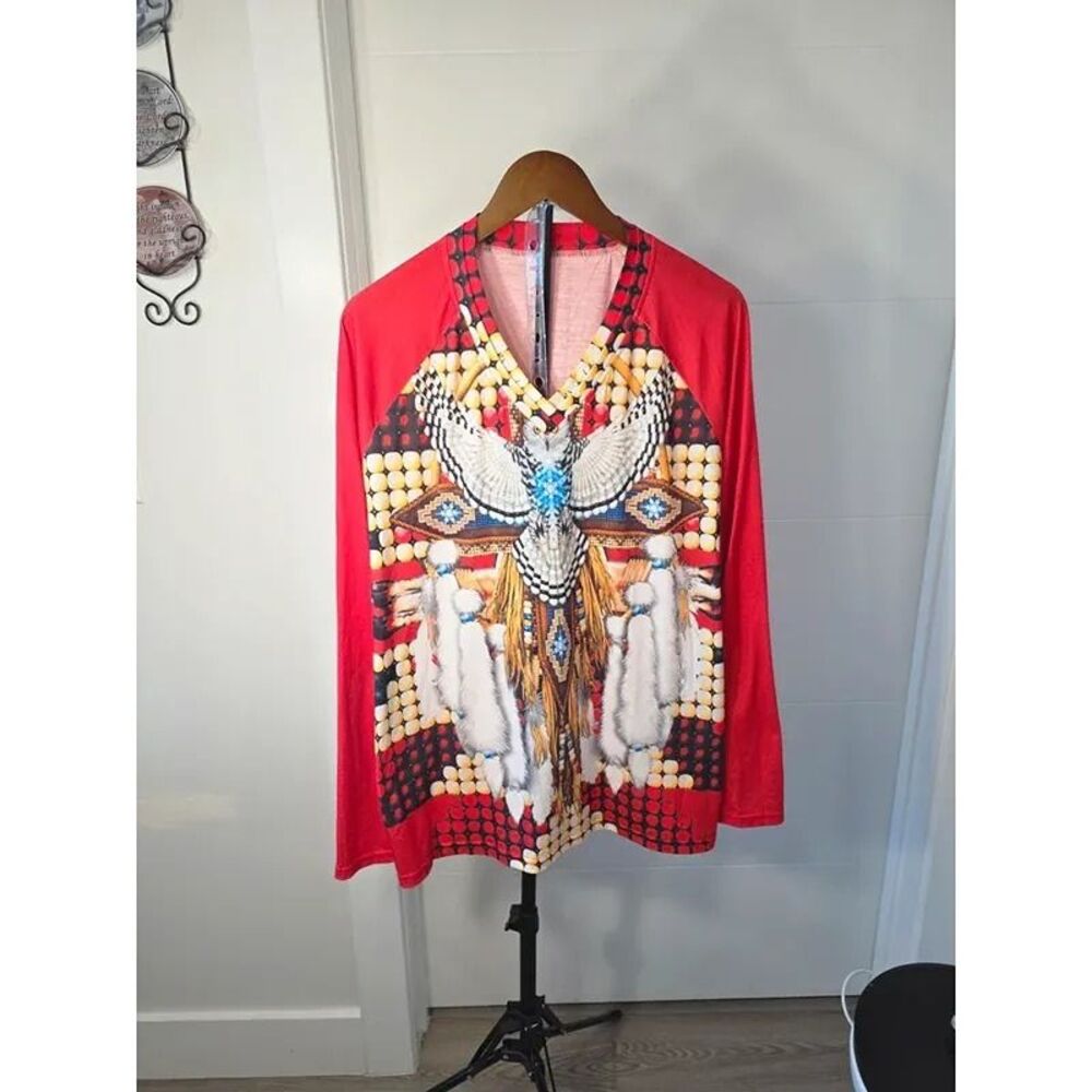 Polyester blend long sleeve graphic print top, ornate baroque-style design with